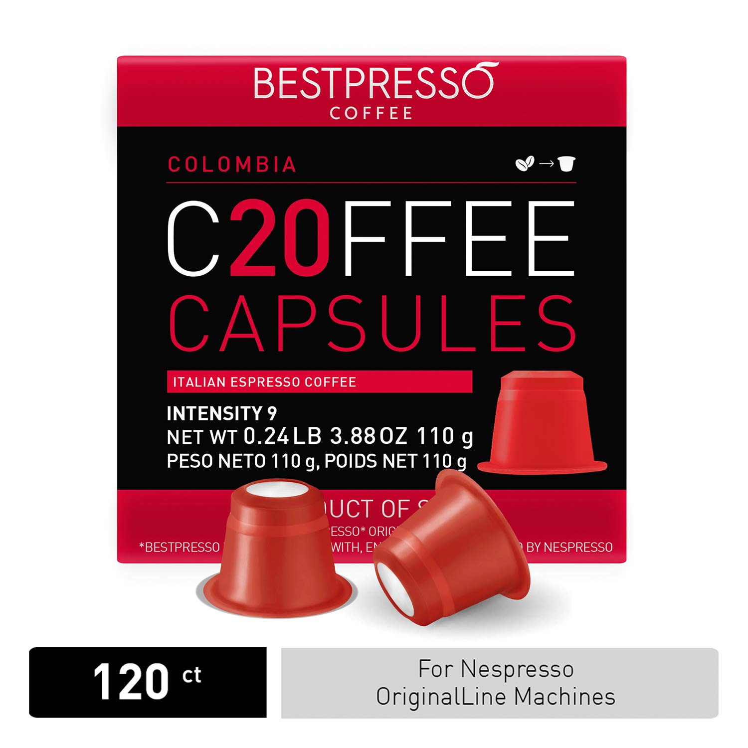 Bestpresso Coffee for Nespresso Original Machine 120 pods Certified Genuine Espresso Colombia Blend Pods Compatible with Nespresso Original 60 Days Satisfaction Guarantee