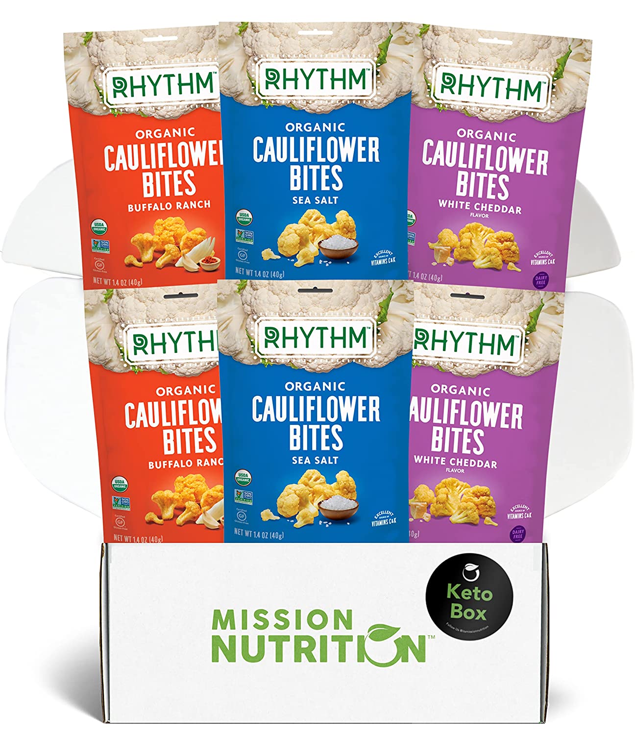 Rhythm Superfoods Cauliflower Bites. Mission Nutrition Keto Box (6 Pack)
