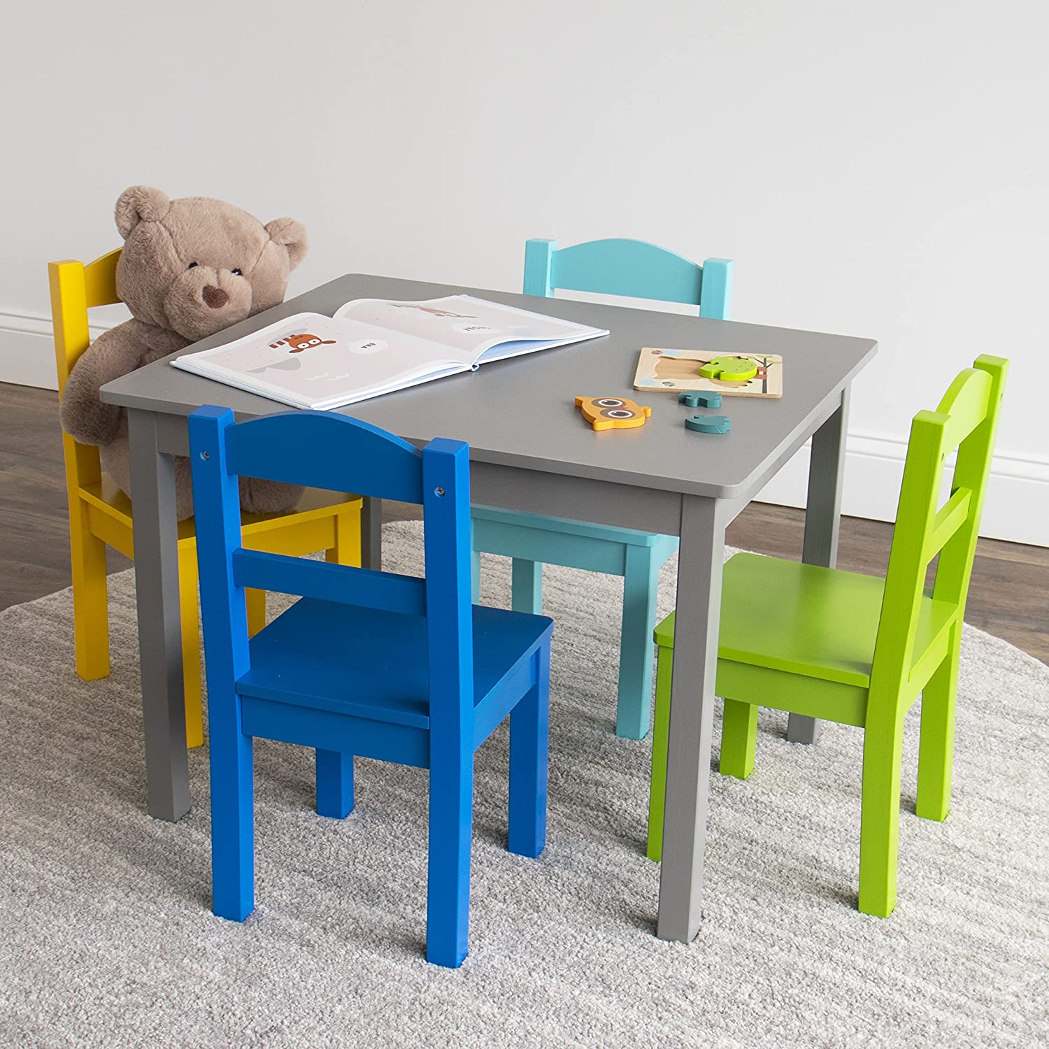 Humble Crew. Grey/Blue/Green/Yellow Kids Wood Table and 4 Chairs Set