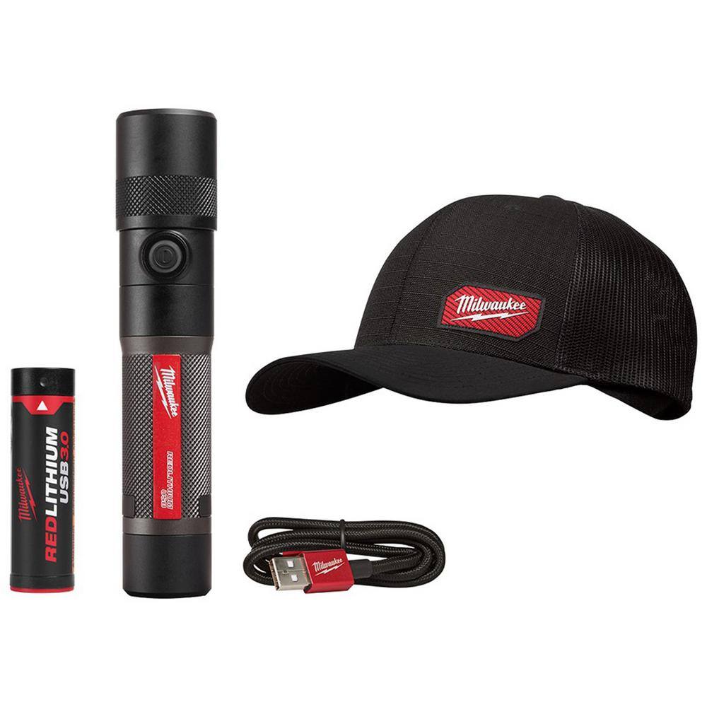 Milwaukee 2161-21-505B 1100 Lumens LED USB Rechargeable Twist Focus Flashlight with GRIDIRON Black Adjustable Fit Trucker Hat