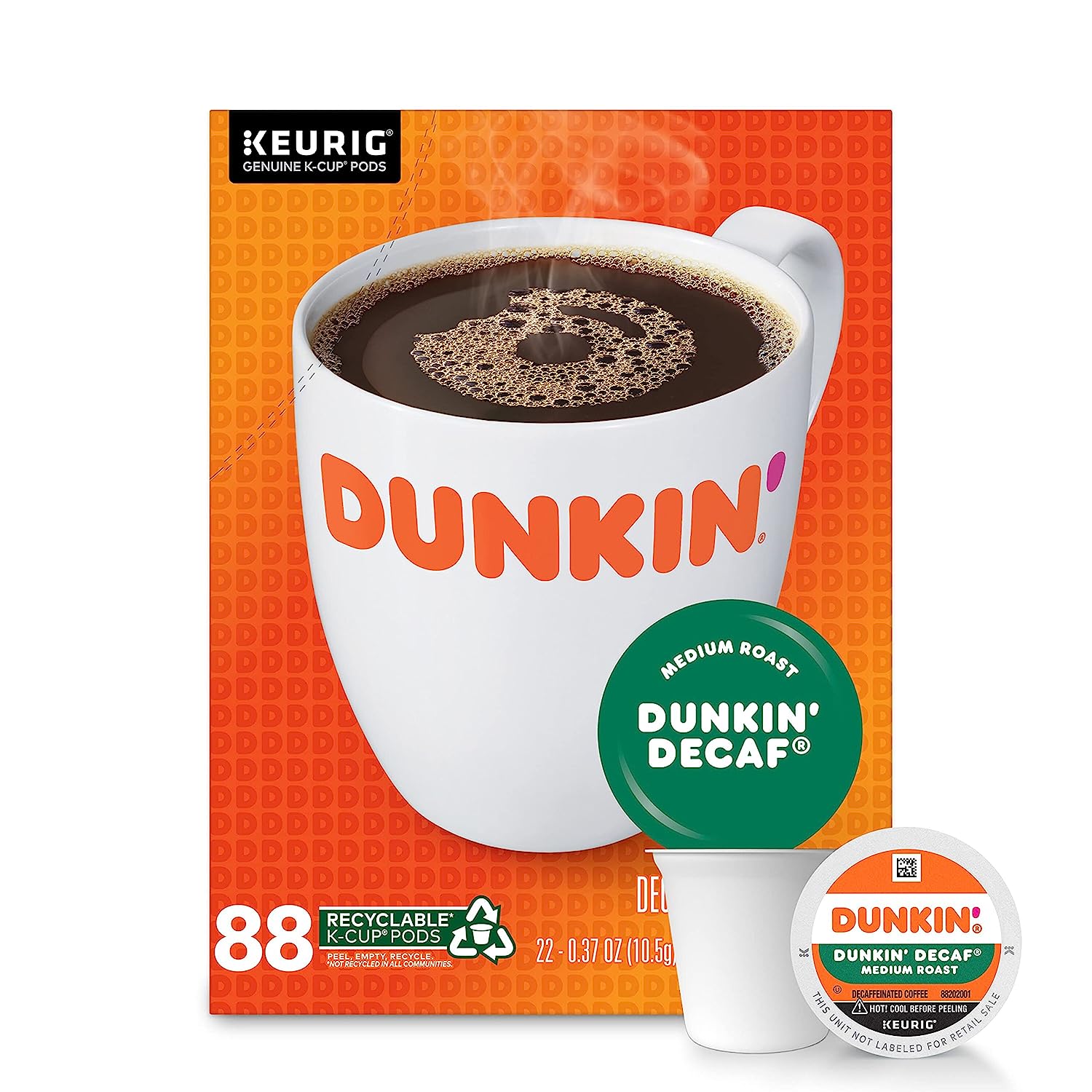 Dunkin- Decaf Medium Roast Coffee.Keurig K-Cup Pods. 22 Count (Pack of 4)
