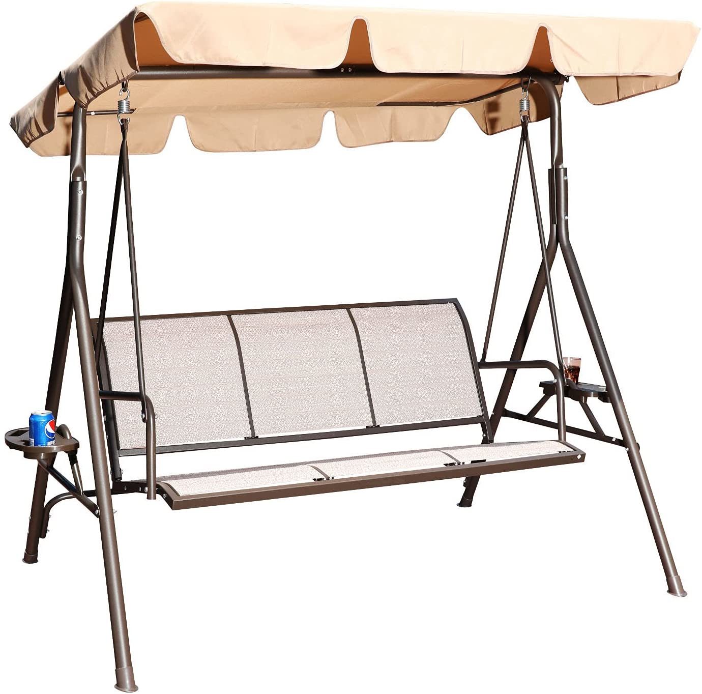 GOLDSUN 3 Person Patio Swing Seat with Adjustable Canopy. All Weather Resistant Hammock Swinging Chair Bench for Patio. Garden. Poolside. Balcony (Taupe)