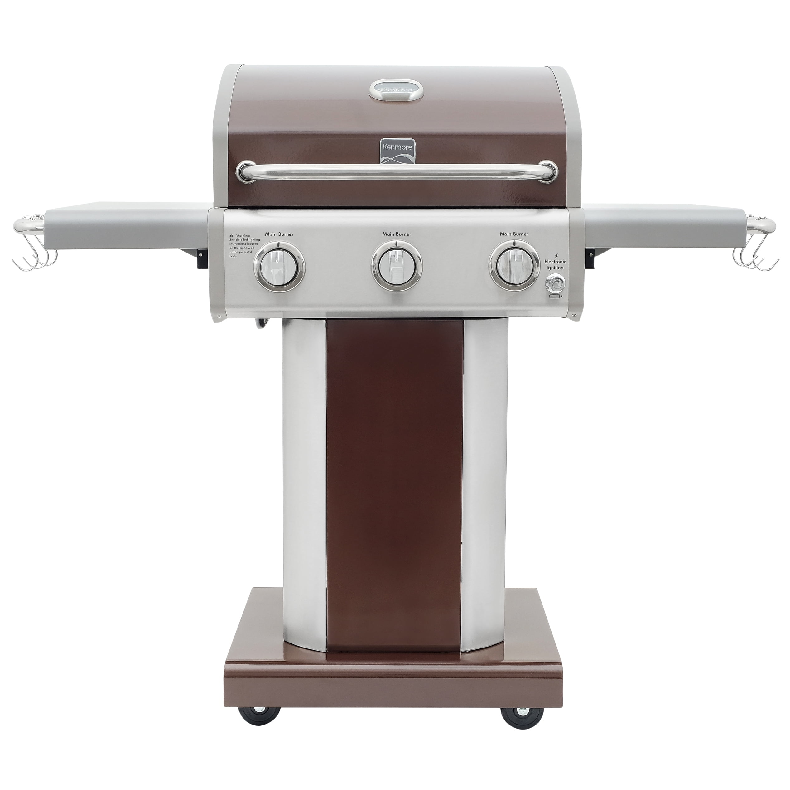 Kenmore 3-Burner Outdoor BBQ Propane Gas Grill with Foldable Sides. Mocha Brown