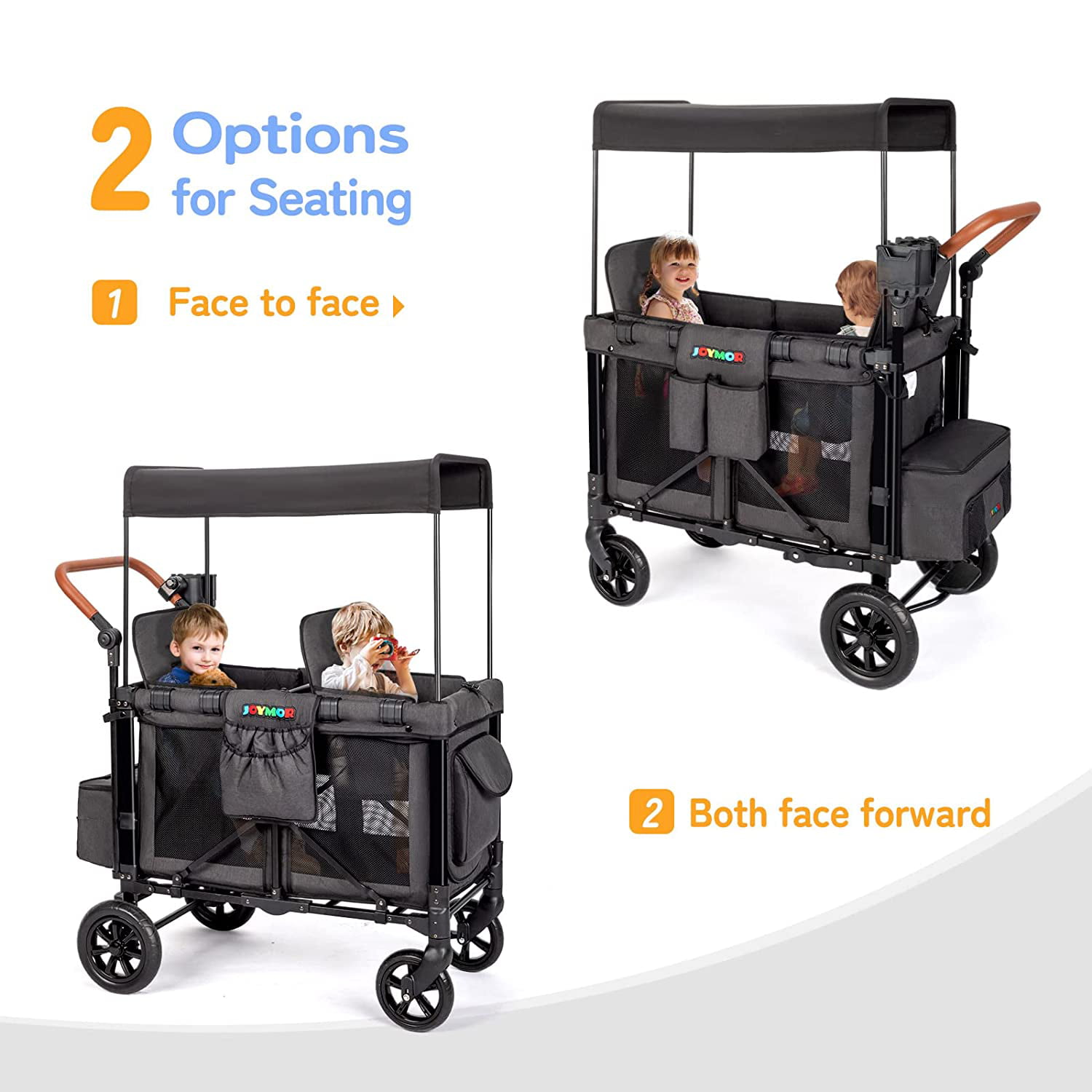 JOYMOR Folding Stroller Wagon for 2 Kids. Both Face Forward High Seat. Face to Face. with 5-Point Harnesses Safety Belt. Removable UV-Protection Canopy. Phone Holder.Black