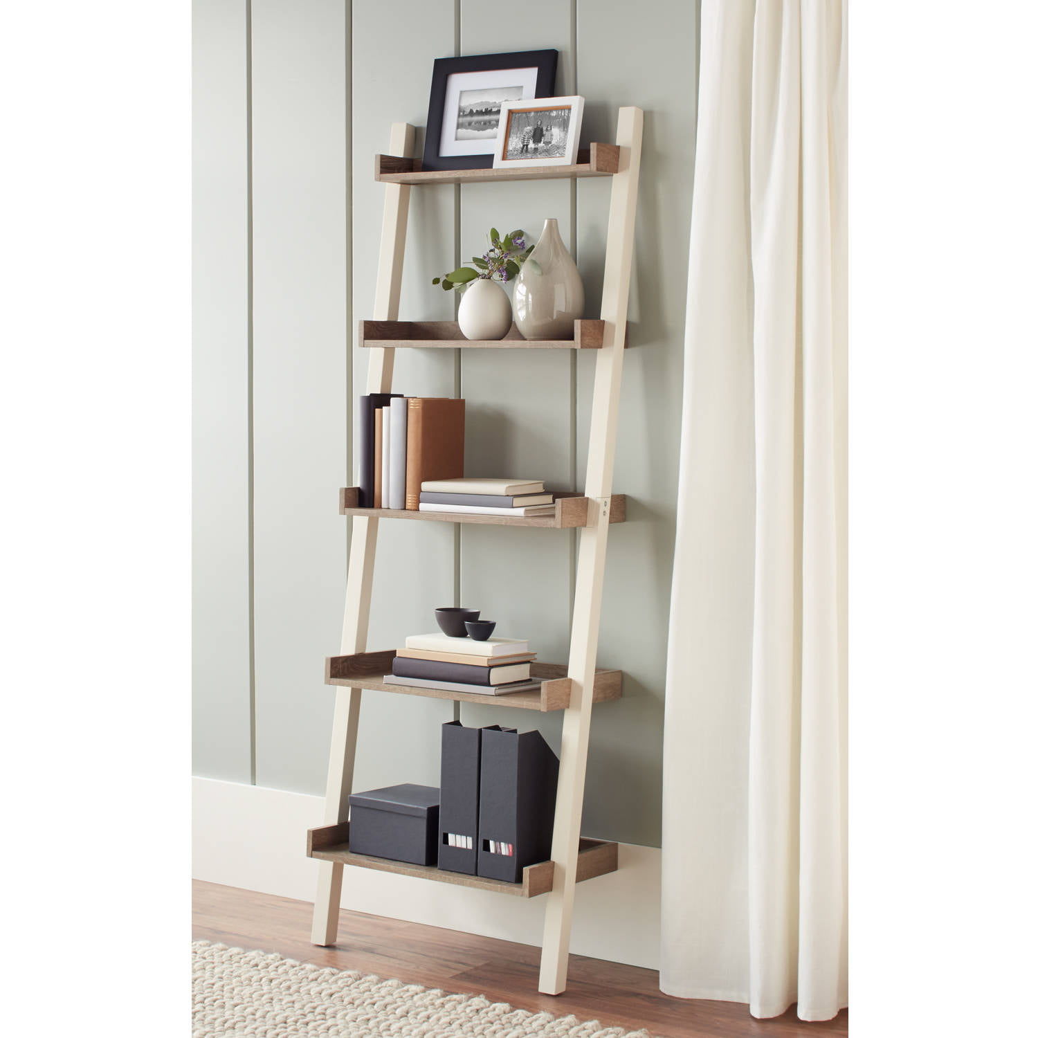 Better Homes & Gardens Bedford 5 Shelf Leaning Bookcase. Off-White