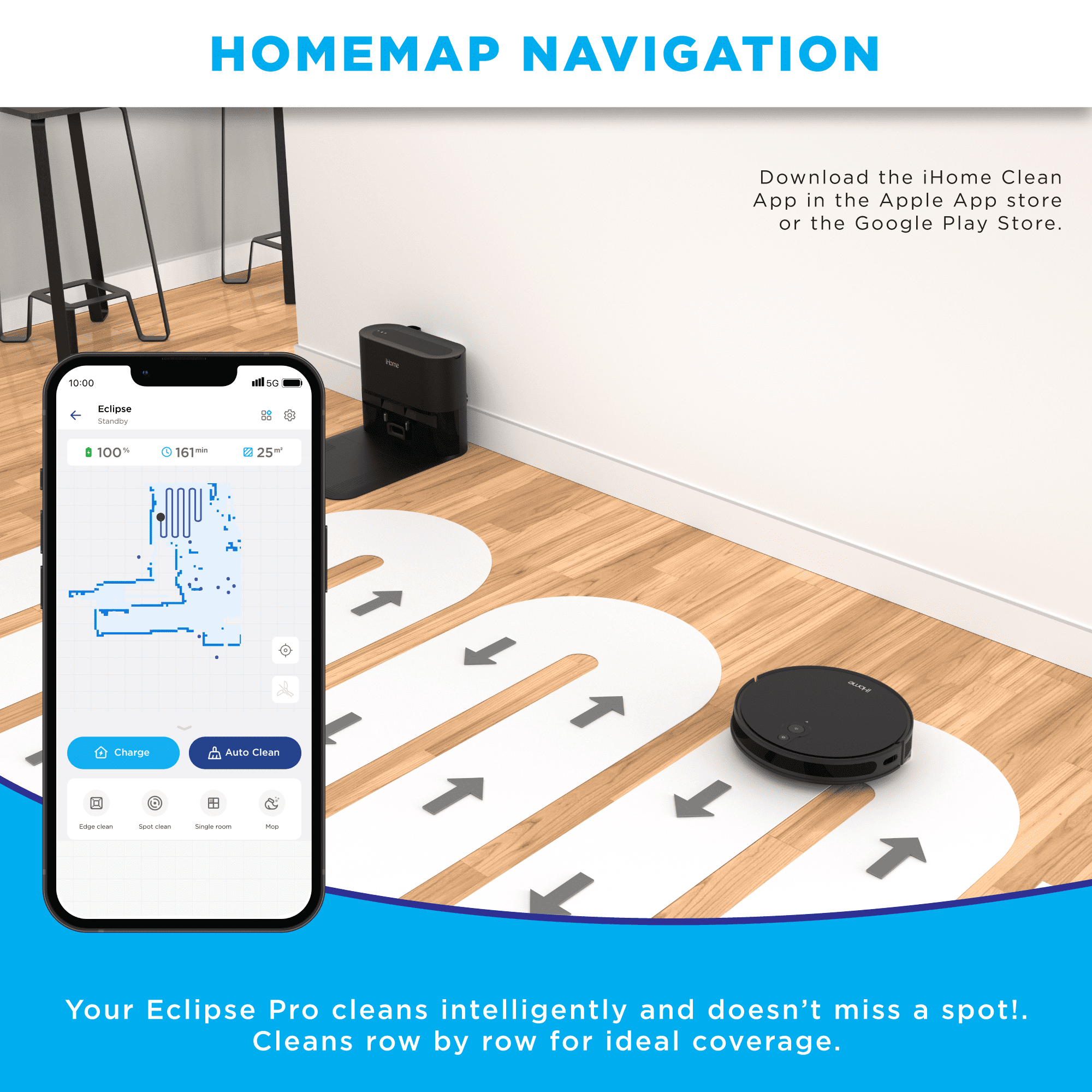 iHome AutoVac Eclipse Pro 3-in-1 Robot Vacuum and Vibrating Mop with Auto Empty Base. HomeMap Navigation. Google and App Control