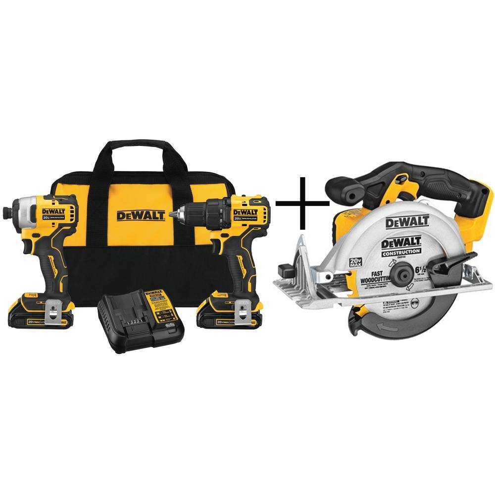 DEWALT DCK278C2W391B ATOMIC 20V MAX Brushless Cordless Compact Drill/Impact 2 Tool Combo Kit. 6.5 in. Circular Saw. (2) 1.3Ah Batteries