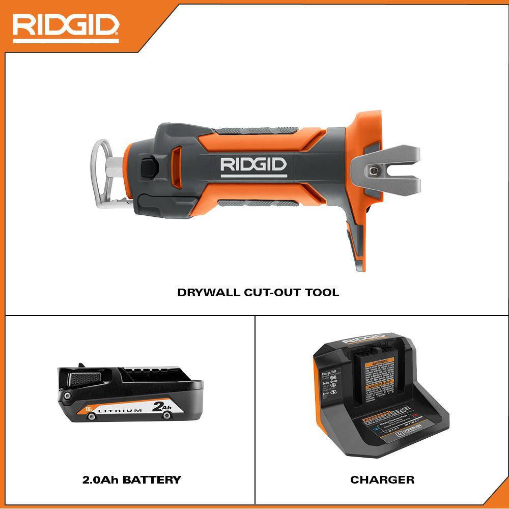 RIDGID R84730B-AC9302 18V Cordless Drywall Cut-Out Tool Kit with Drywall Bits. Collets. Belt Hook. 18V Lithium-Ion 2.0 Ah Battery. and Charger