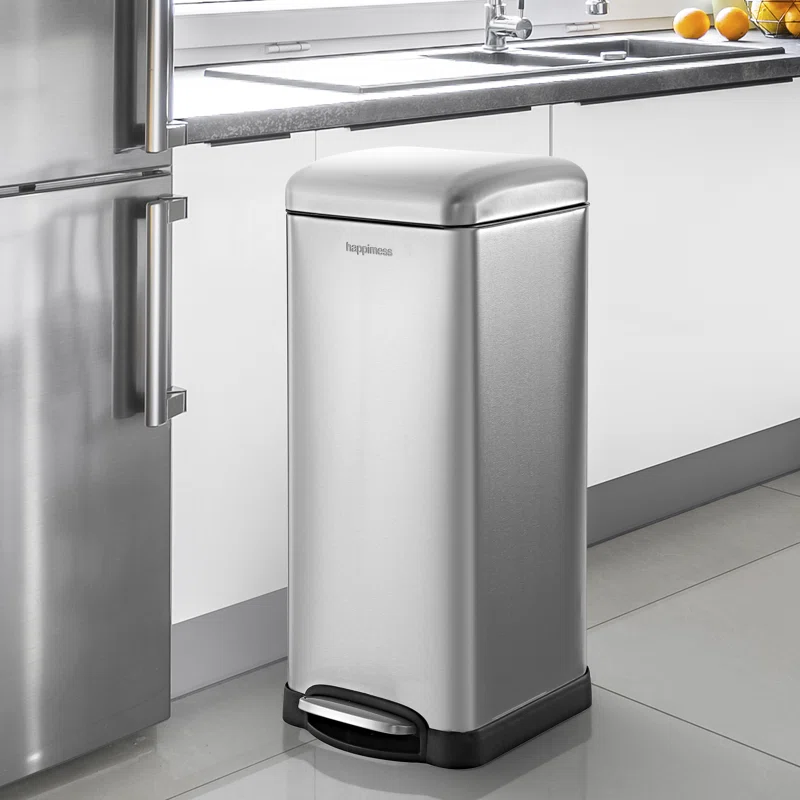 happimess HPM1007D Betty Retro 8-Gallon Step-Open Trash Can. Modern. Minimalistic. Soft Close. No Slamming. Kitchen. Laundry Room. Office. 8 Gallons. Chrome