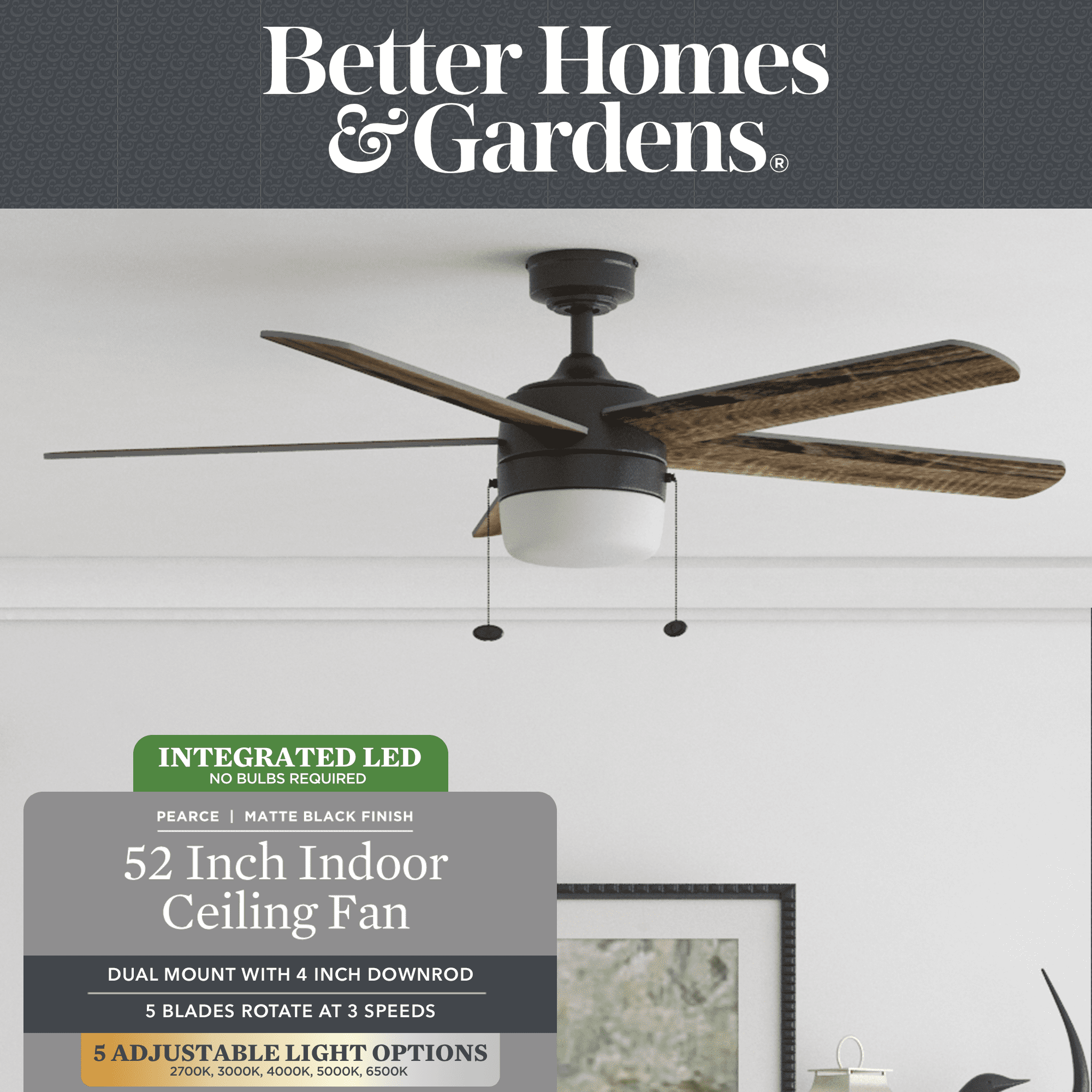 Better Homes & Gardens 52″ Black Modern Integrated LED Ceiling Fan with 5 Blades. Light Kit. Pull Chains & Reverse Airflow