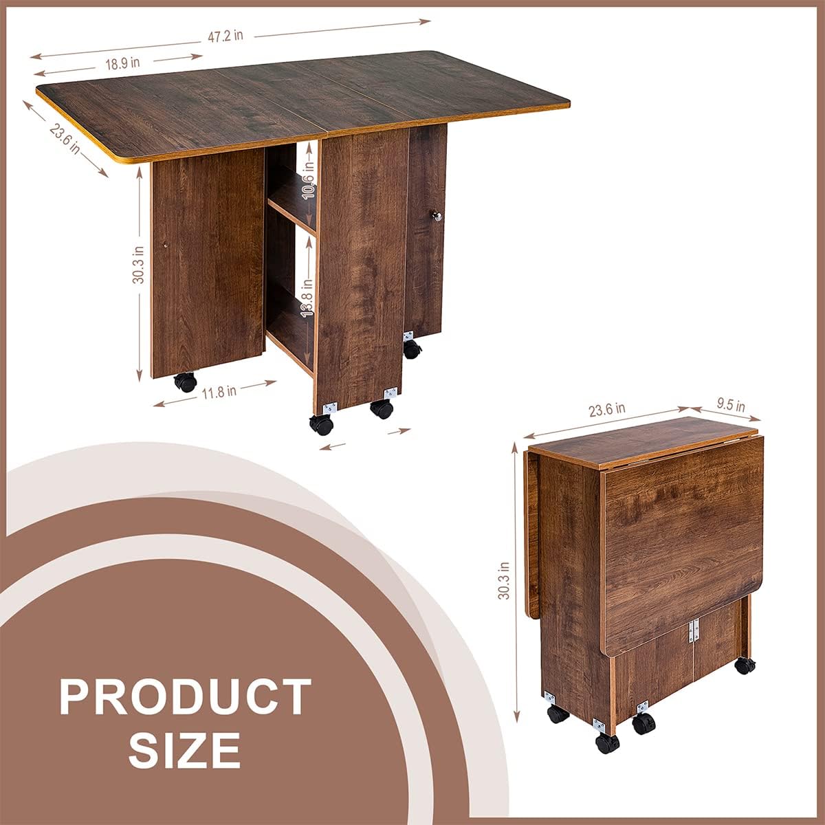 WAYTRIM Folding Dining Table. Versatile Dinner Table with 6 Wheels and 2 Storage Racks. Space Saving Extendable Kitchen Table - Wooden Brown