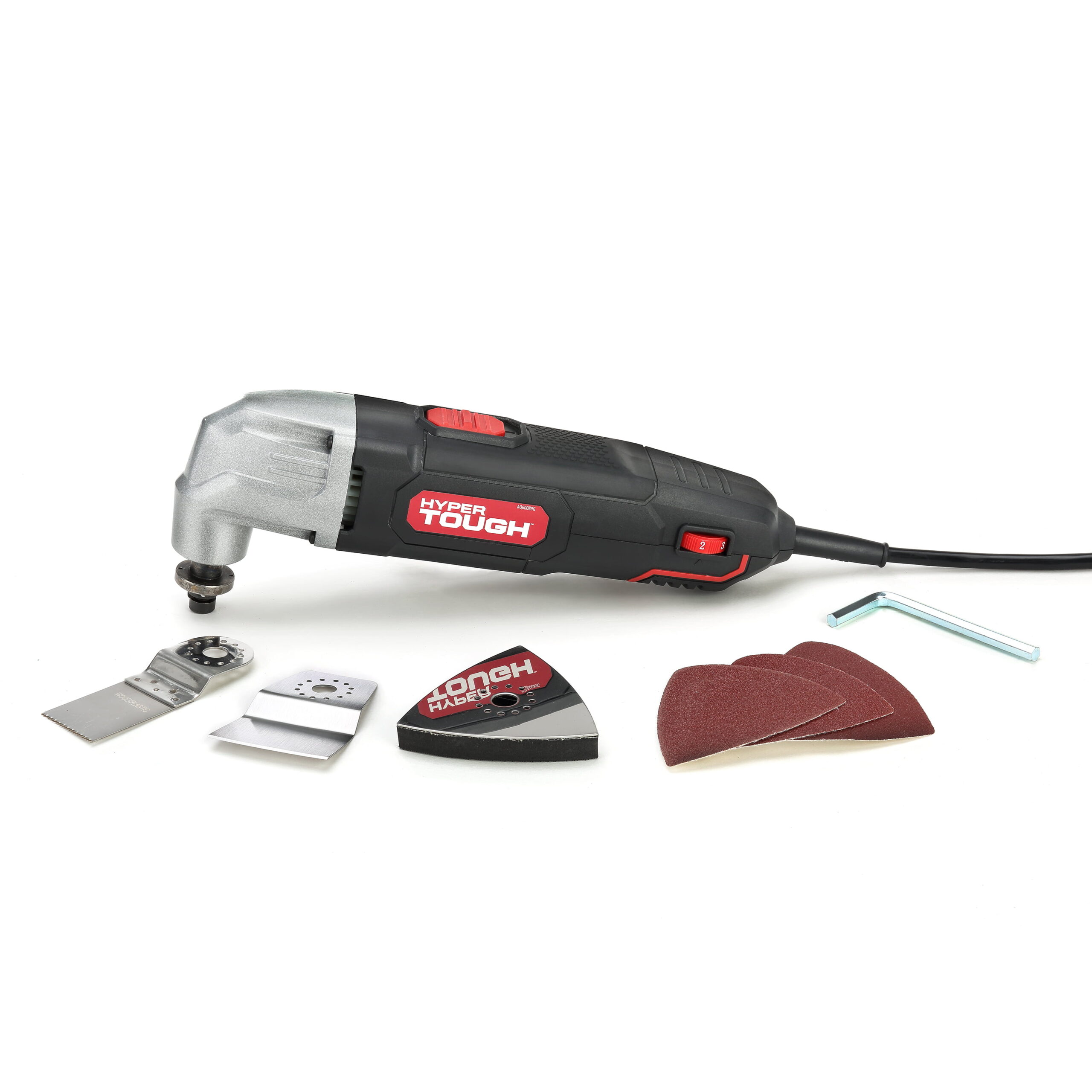 Hyper Tough 2.1 Amp Corded Oscillating Multi-function Tool. Variable Speed. with Hex Key. Sanding Pad. 1-1/4 inch Blade. Scraper Blade & 3 Sanding Sheets (80. 100 & 120 Grit)