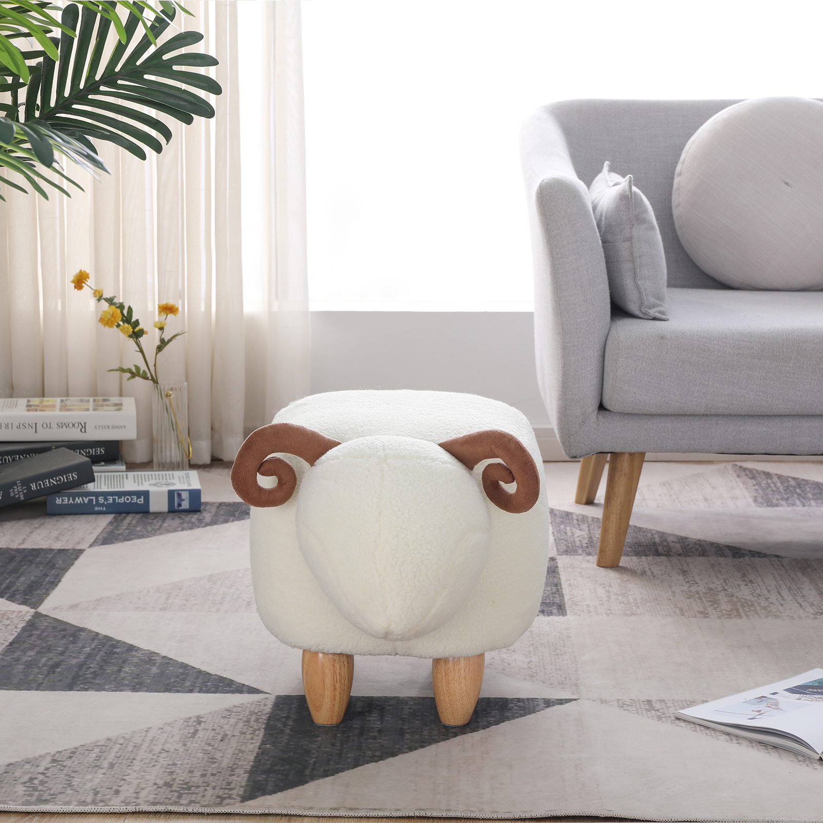 Kids Decorative Animal Sofa Stool. Ottoman Bedroom Furniture. Little Sheep Kids Footstool. Home Cartoon Chair with Solid Wood Legs. Decorative Footstool for Office. Bedroom. Playroom. Living Room