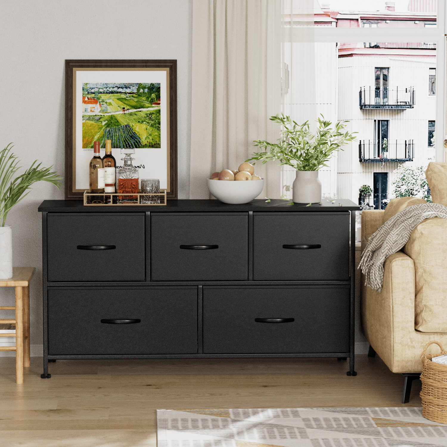 Vineego Dresser for Bedroom with 5 Drawers. Wide Chest of Drawers. Fabric Dresser.Black
