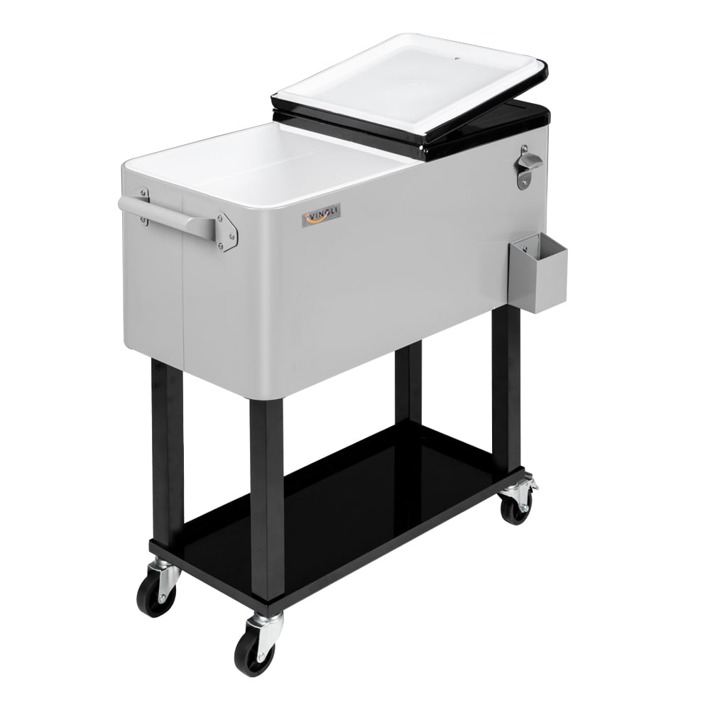 VINGLI 80 Quart Steel Ice Chest Cooler Cart on Wheel with Shelf(Grey)
