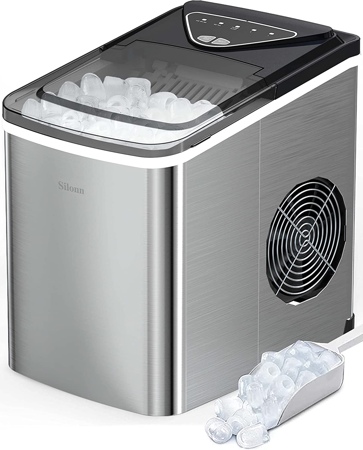 Silonn Ice Makers Countertop. 9 Cubes Ready in 6 Mins. 26lbs in 24Hrs. Self-Cleaning Ice Machine with Ice Scoop and Basket. 2 Sizes of Bullet Ice for Home Kitchen Office Bar Party (Stainless Steel)