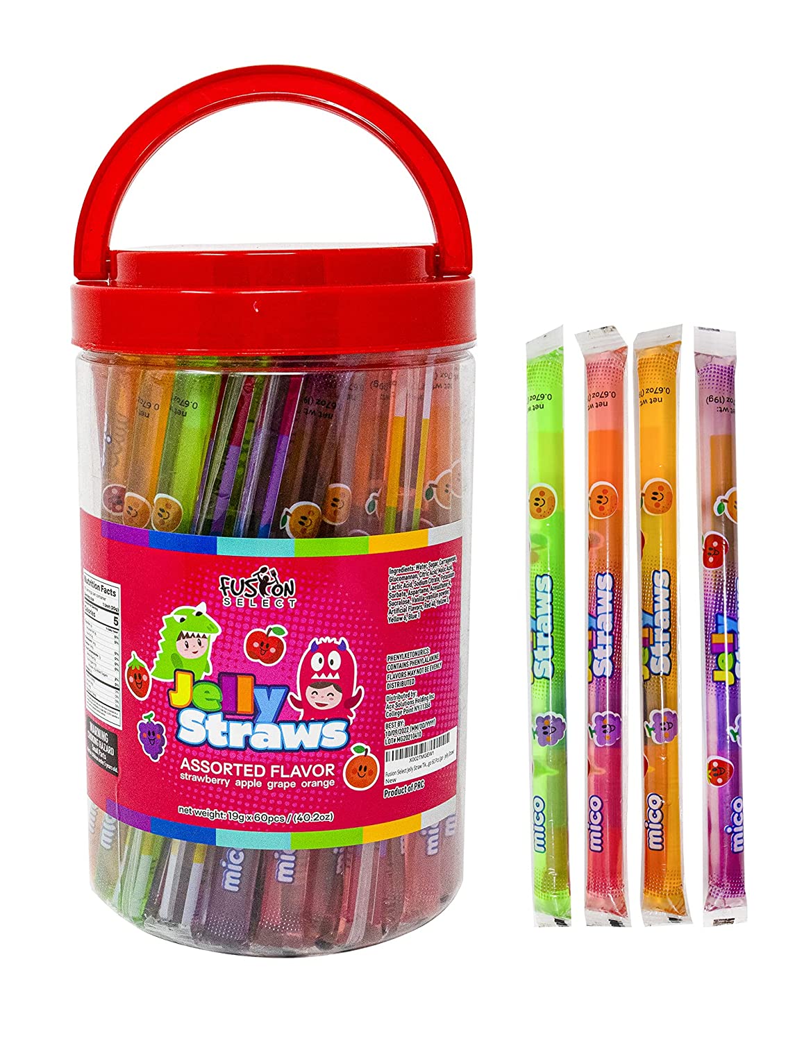 Fusion Select Jelly Straw Jelly Noodle Tik Tok Challenge Assorted Flavors. Strawberry. Orange. Pineapple. Grape 60Pcs Asmr Challenge (Jar - 60 Pcs)