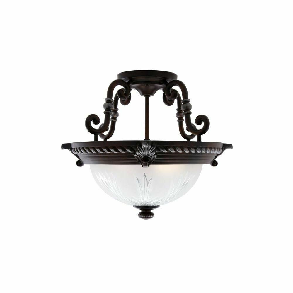 Hampton Bay Bercello Estates 15 in. 2-Light Volterra Bronze Semi-Flush Mount with Etched Glass Shade