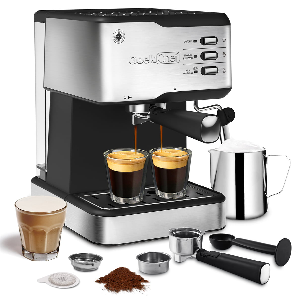 Geek Chef Espresso Machine. 20 Bar Espresso & Cappuccino Maker with Milk Frother Steam Wand. 1.5L Water Tank. Stainless steel