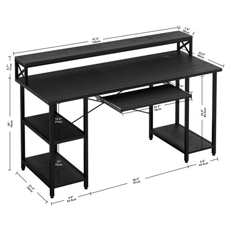 IRONCK Computer Desk 47″ with Keyboard Tray. Modern Industrial Home Office PC Desk Study Writing Table with Monitor Stand Storage Shelf. Black