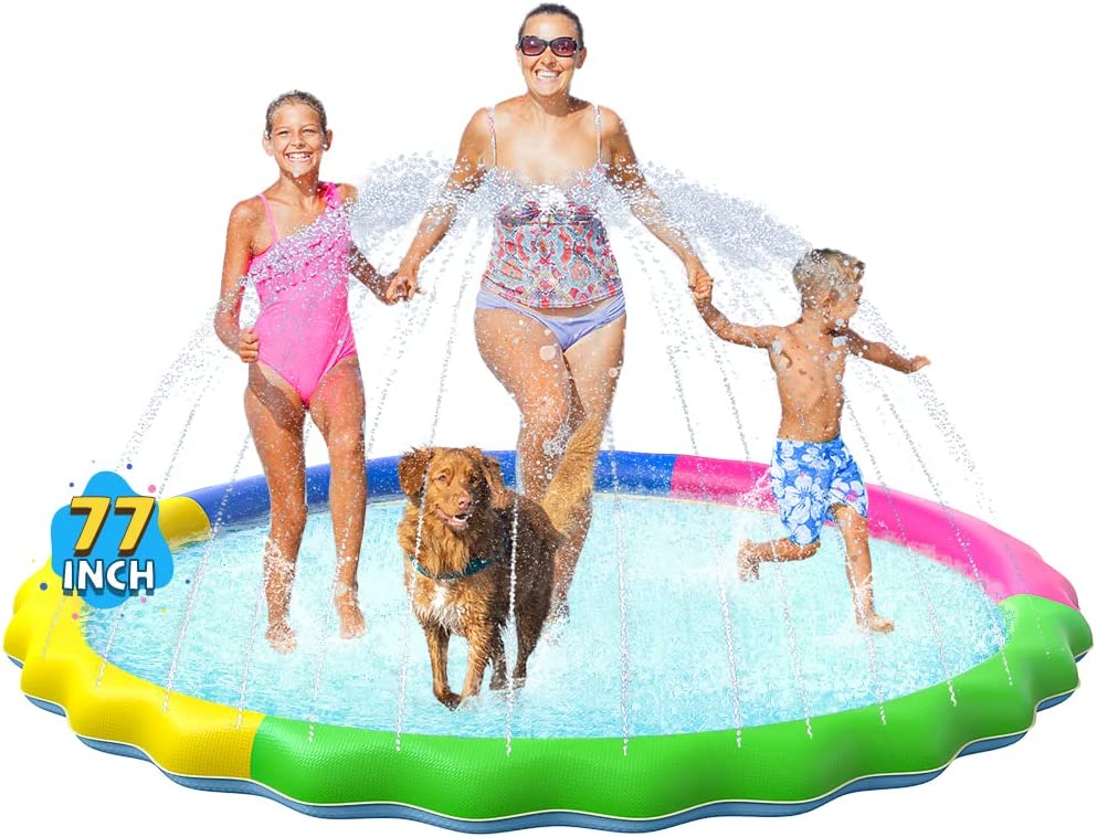 VISTOP Non-Slip Splash Pad for Kids and Dog. Thicken Sprinkler Pool Summer Outdoor Water Toys - Fun Backyard Fountain Play Mat for Baby Girls Boys Children or Pet Dog (77 inch. Red&Yellow&Green&Blue)