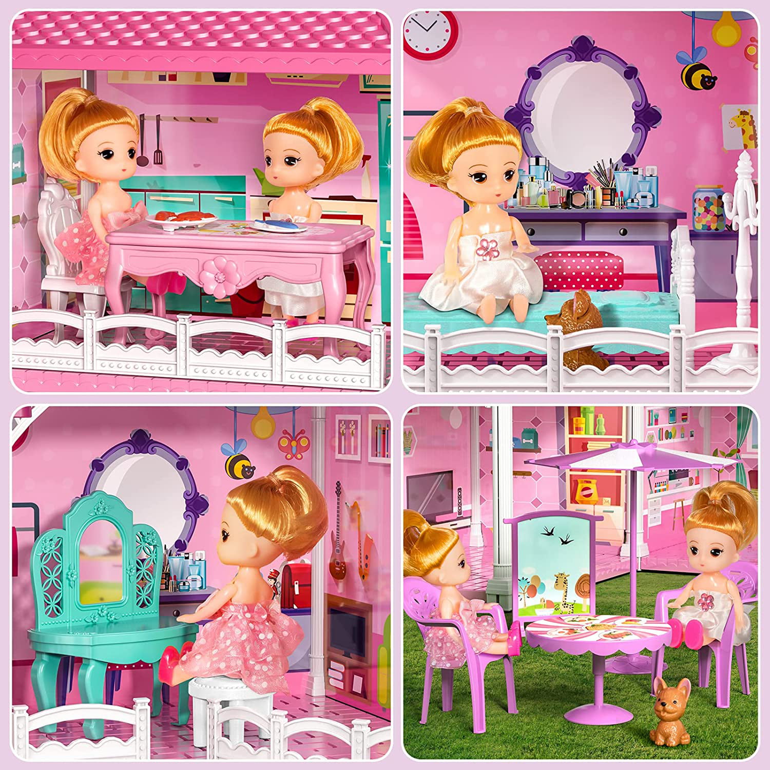 Flooyes Dollhouse 7 Rooms+Yard+Stairs+Slide for Girls. with Doll House Furnitures. Perfect Playhouse for Toddlers Age 3-5
