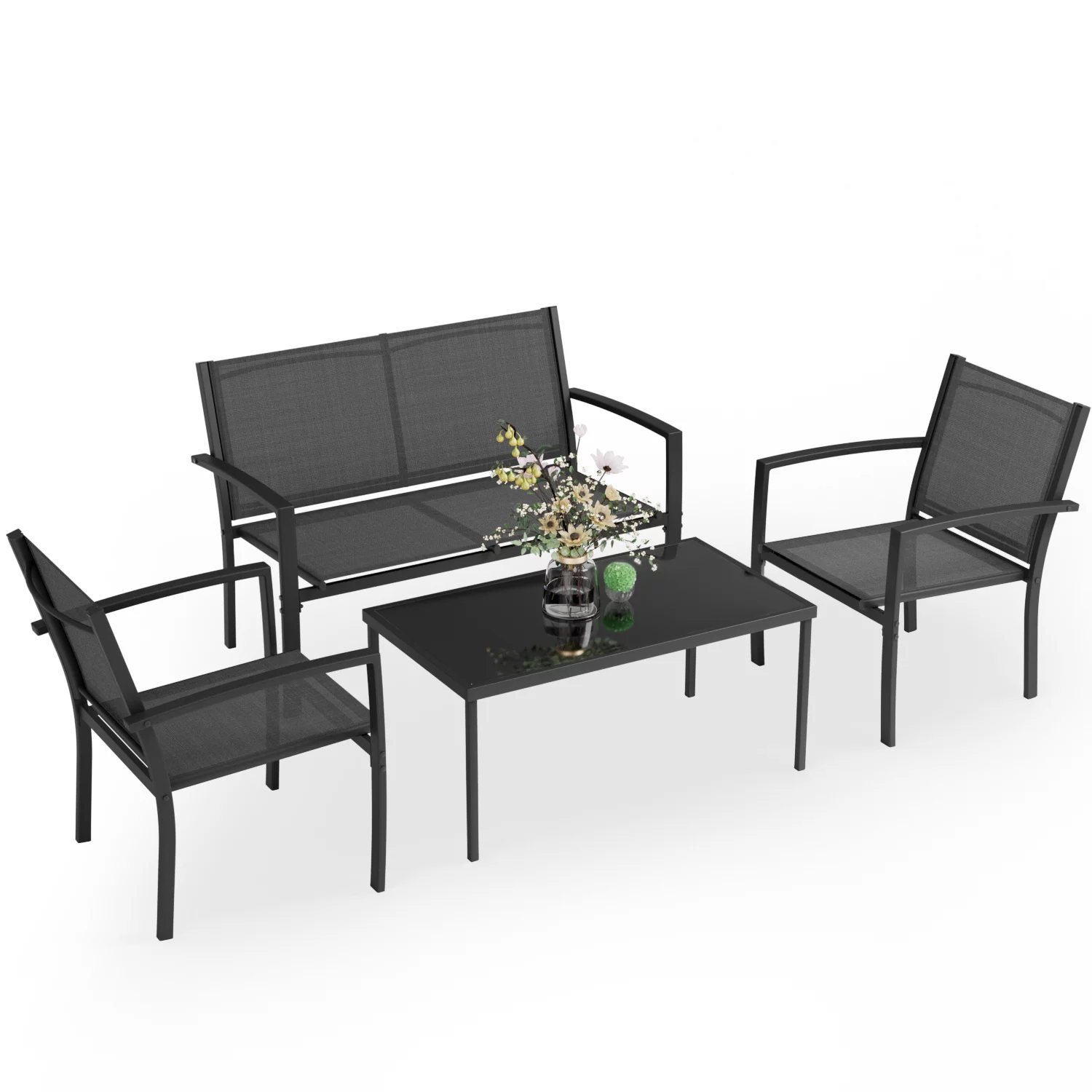 LACOO 4 Pieces Patio Indoor Furniture Outdoor Patio Furniture Set Textilene Bistro Set Modern Conversation Set Black Bistro Set with Loveseat Tea Table for Home. Lawn and Balcony. Black