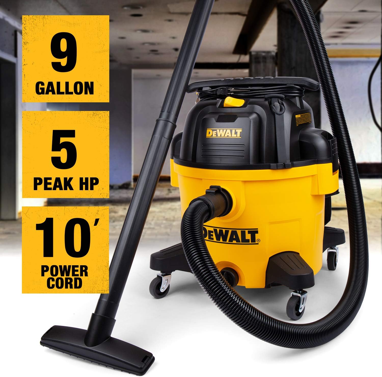 DEWALT 9 Gallon DXV09PZ New Version Poly Wet/Dry Vac. Heavy Duty Shop Vacuum for Jobsite/Workshop. Yellow