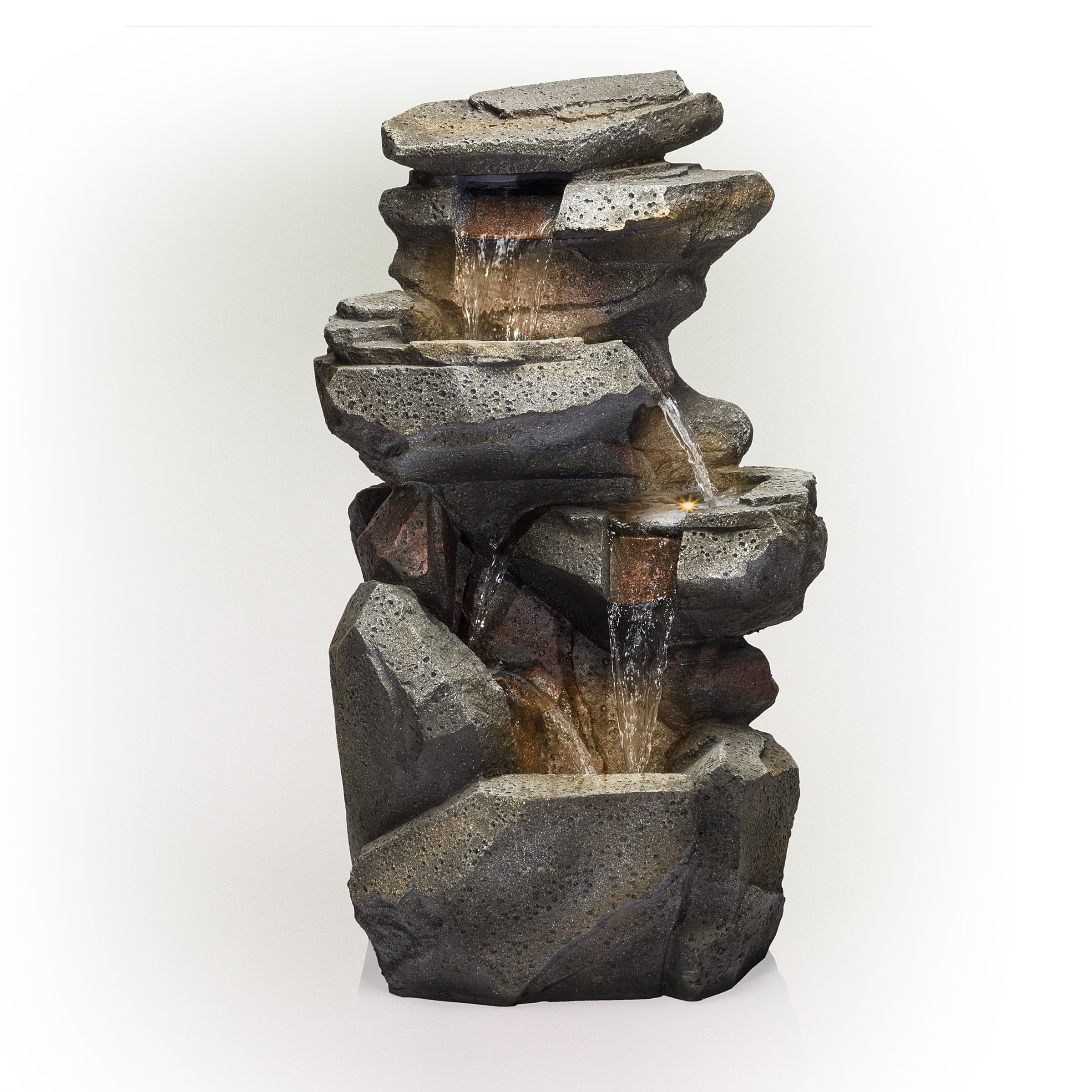 Alpine Corporation Outdoor Cascading Rock Fountain. LED Lights. 40″ H. Grey