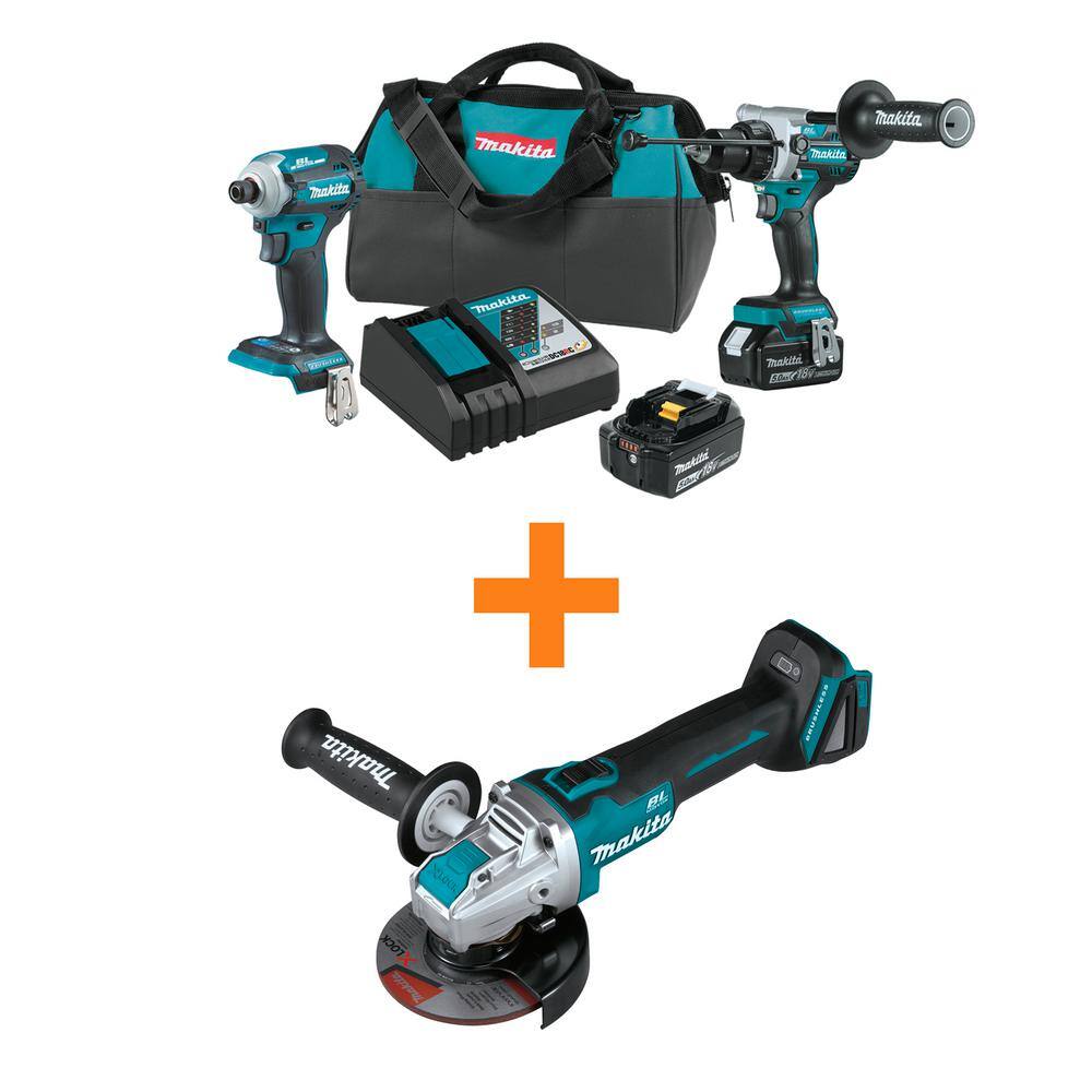 Makita XT288T-XAG25Z 18V LXT Lithium-ion Brushless 2-pc Combo Kit 5.0Ah with bonus 18V LXT Brushless 4-1/2 / 5 in. X-LOCK Angle Grinder