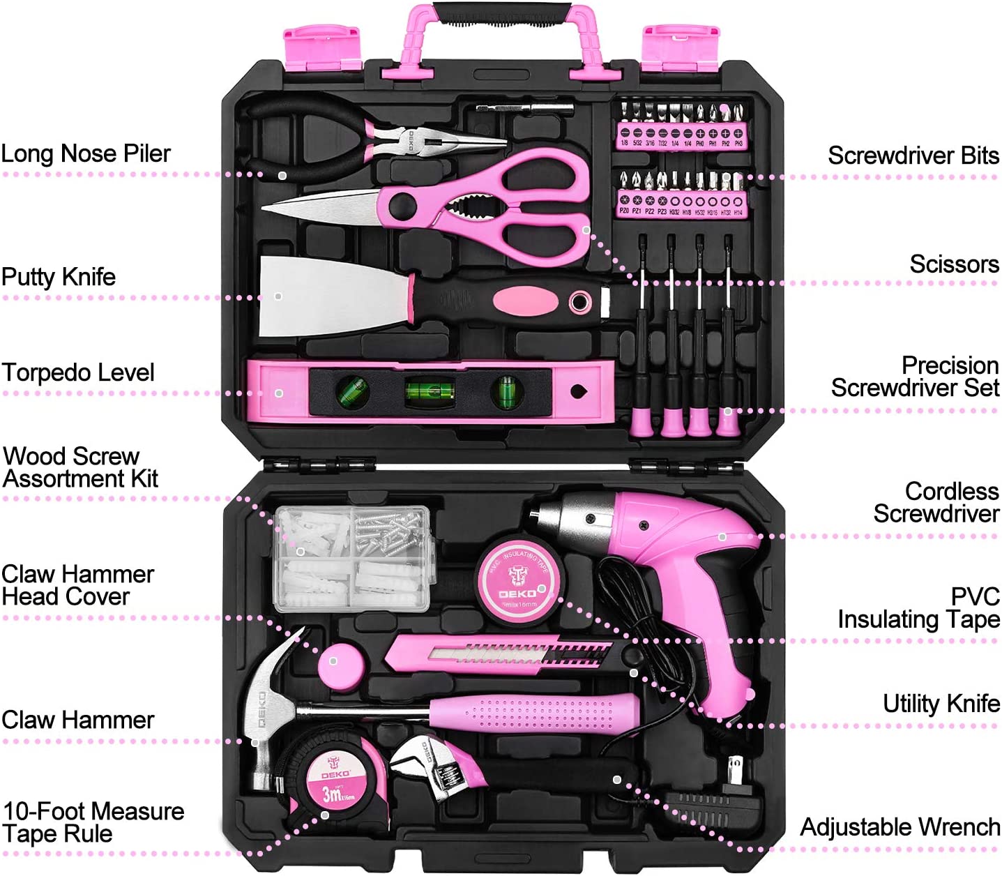 DEKOPRO Pink 98 Piece Tool Set.General Household Hand Tool Kit with Plastic Toolbox Storage Case