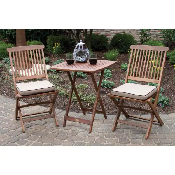 Outdoor Interiors 3-Piece Eucalyptus Outdoor Bistro Set with Beige Cushions