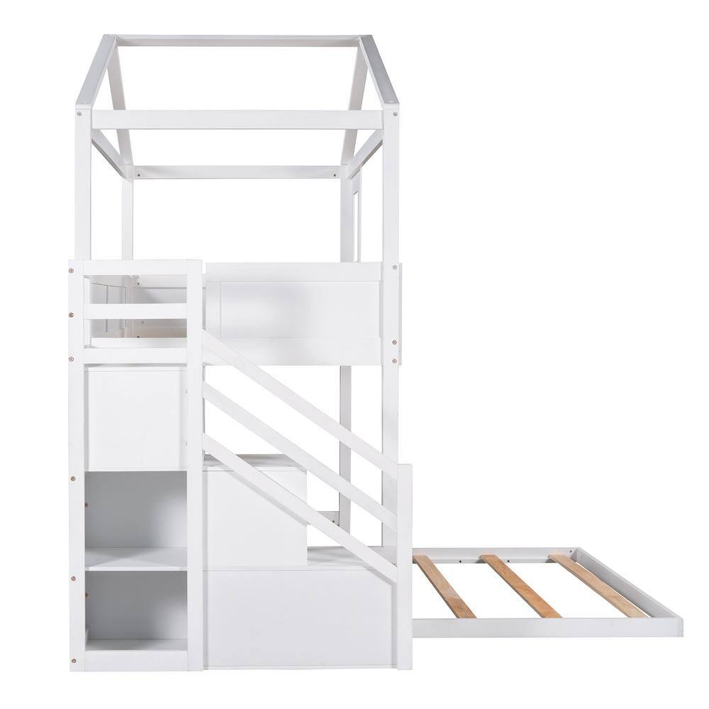 Qualler  White Twin Over Full House Bunk Bed With Storage Staircase and Blackboard
