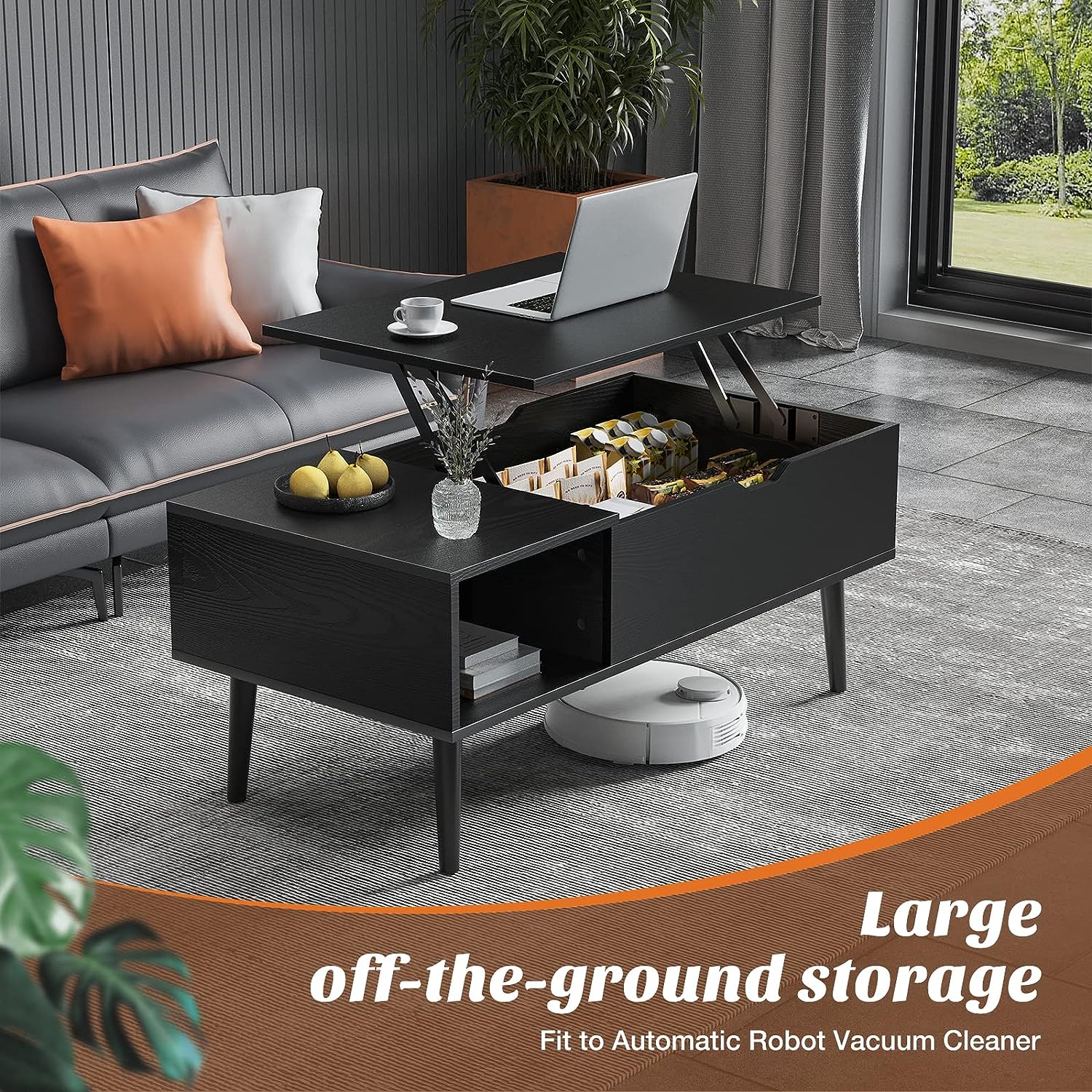 Sweetcrispy Coffee Table. Lift Top Coffee Tables for Living Room.Rising Tabletop Wood Dining Center Tables with Storage Shelf and Hidden Compartment (Black)