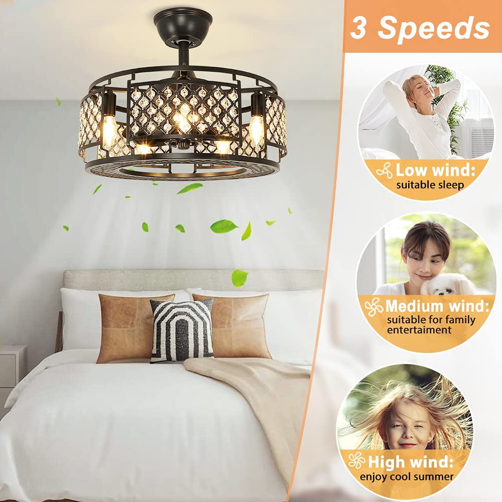 DingLiLighting Industrial Crystal Ceiling Fan with Light and Remote.Farmhouse Chandelier Ceiling Fan for Bedroom.Living Room.Low Profile.3 Wind Speeds.18″ Indoor/Outdoor. 5*E12 Base