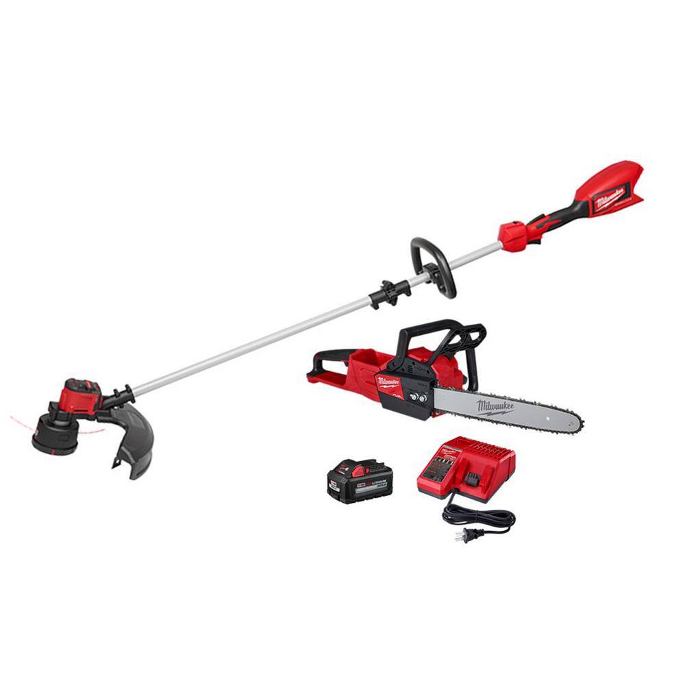 Milwaukee 2828-21-2727-20 M18 18V Lithium-Ion Brushless Cordless String Trimmer. 6.0 Ah Battery. Charger and M18 FUEL Chainsaw Combo Kit