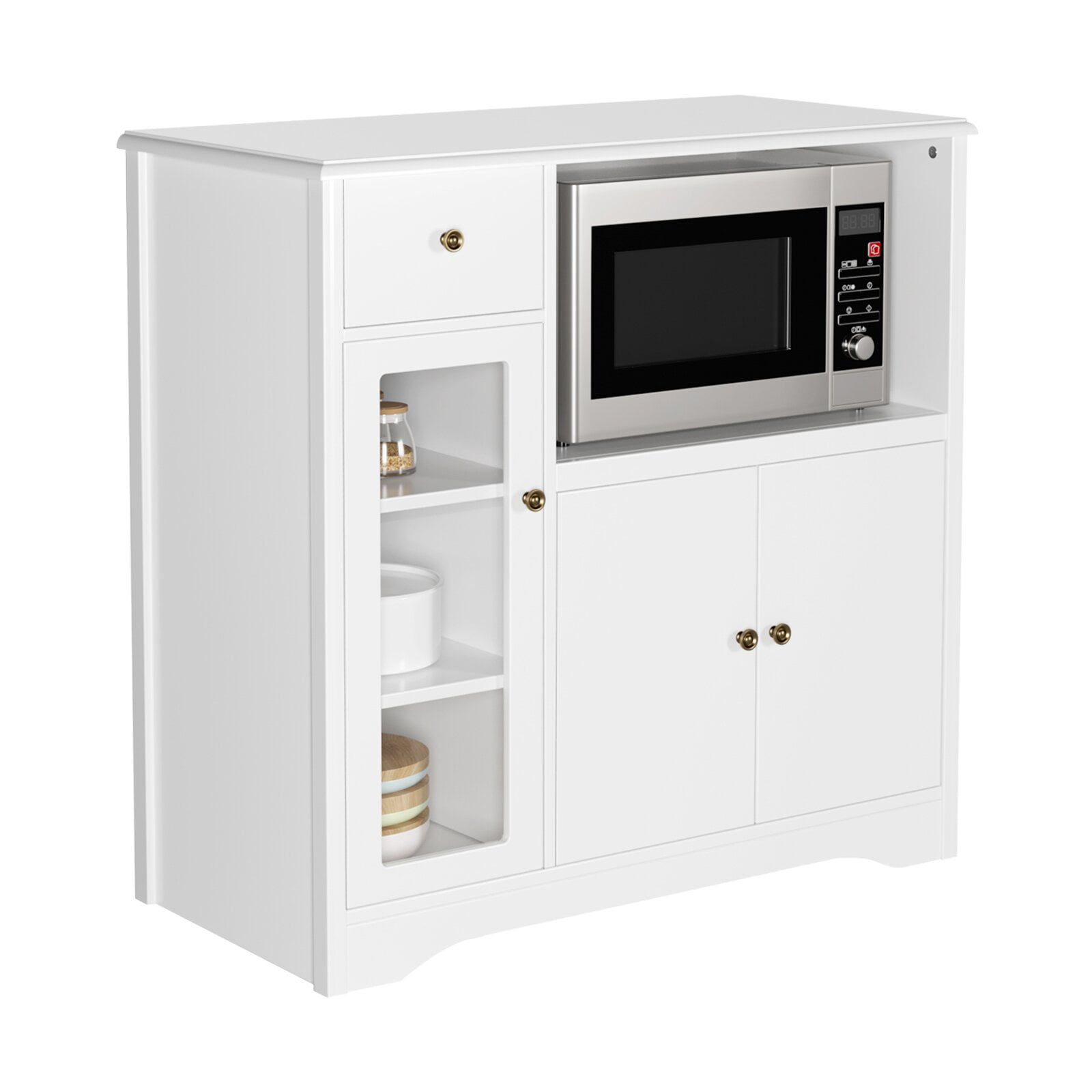 Homfa Microwave Cabinet with Hutch. Kitchen Pantry Cabinet Sideboard with Adjustable Shelves and Drawer for Dining Room. White