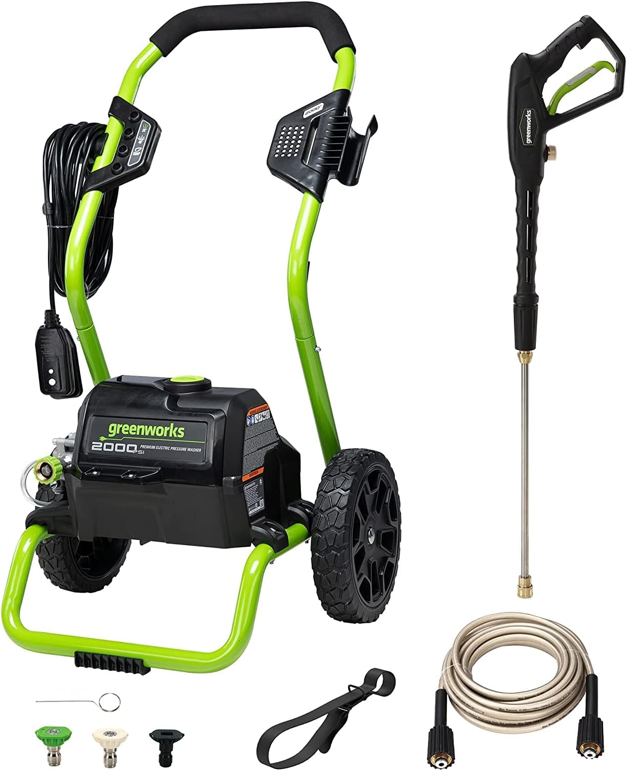 Greenworks 2000 PSI (13 Amp) Electric Pressure Washer (Wheels For Transport / 20 FT Hose / 35 FT Power Cord) Great For Cars. Fences. Patios. Driveways