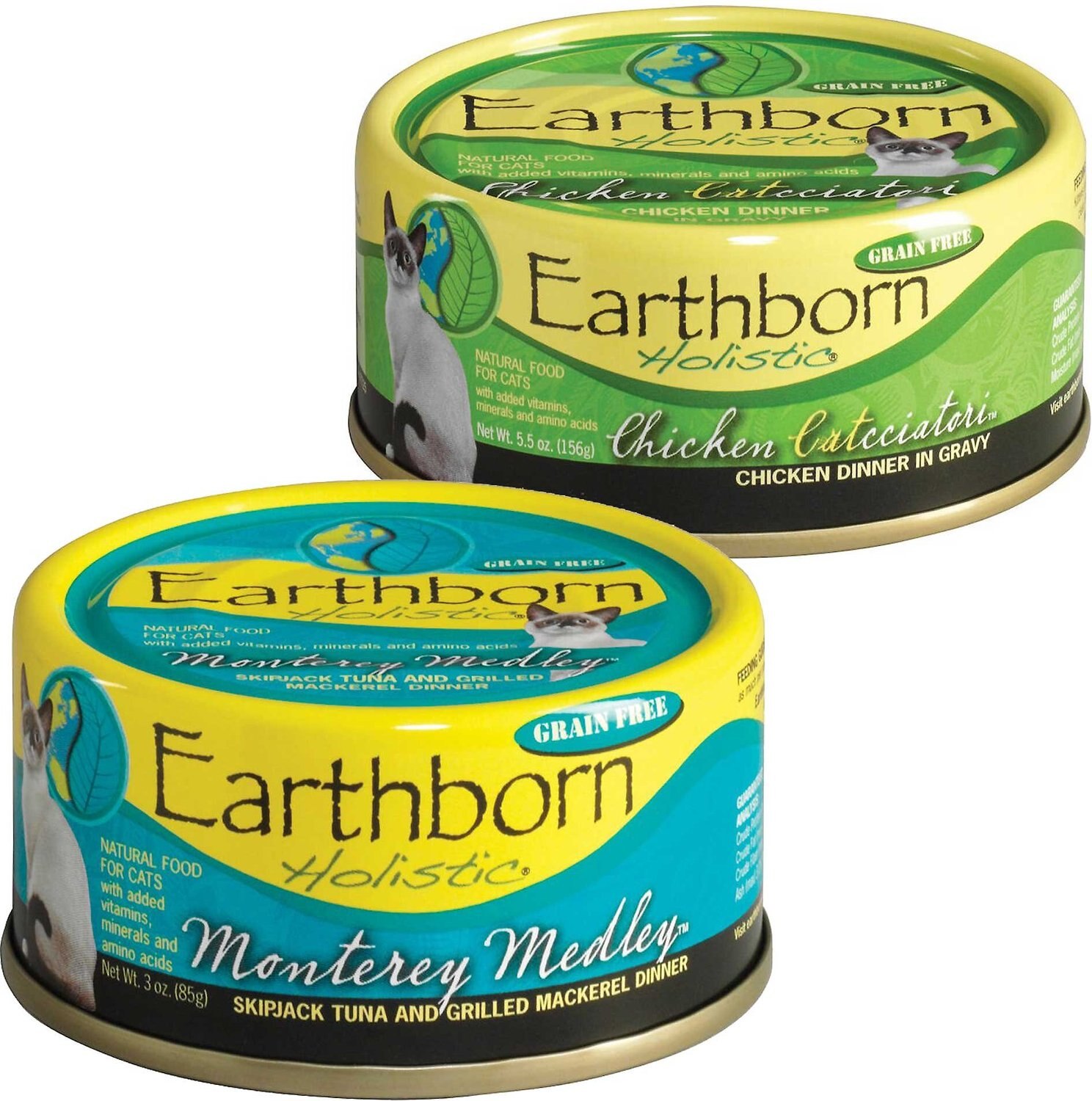 Earthborn Holistic Monterey Medley Grain-Free Natural Canned Cat & Kitten Food. 5.5-oz. case of 24 + Earthborn Holistic Chicken Catcciatori Grain-Free Natural Adult Canned Cat Food. 5.5-oz. case of 24
