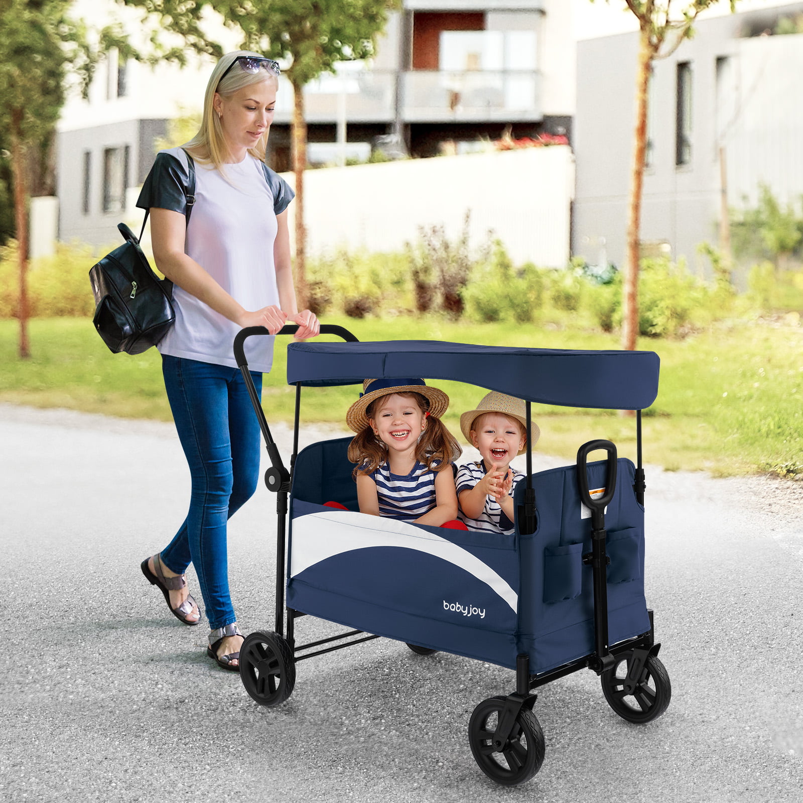 Infans 2-Seat Stroller Wagon Folding Baby Stroller w/ Adjustable Canopy & Handles Navy