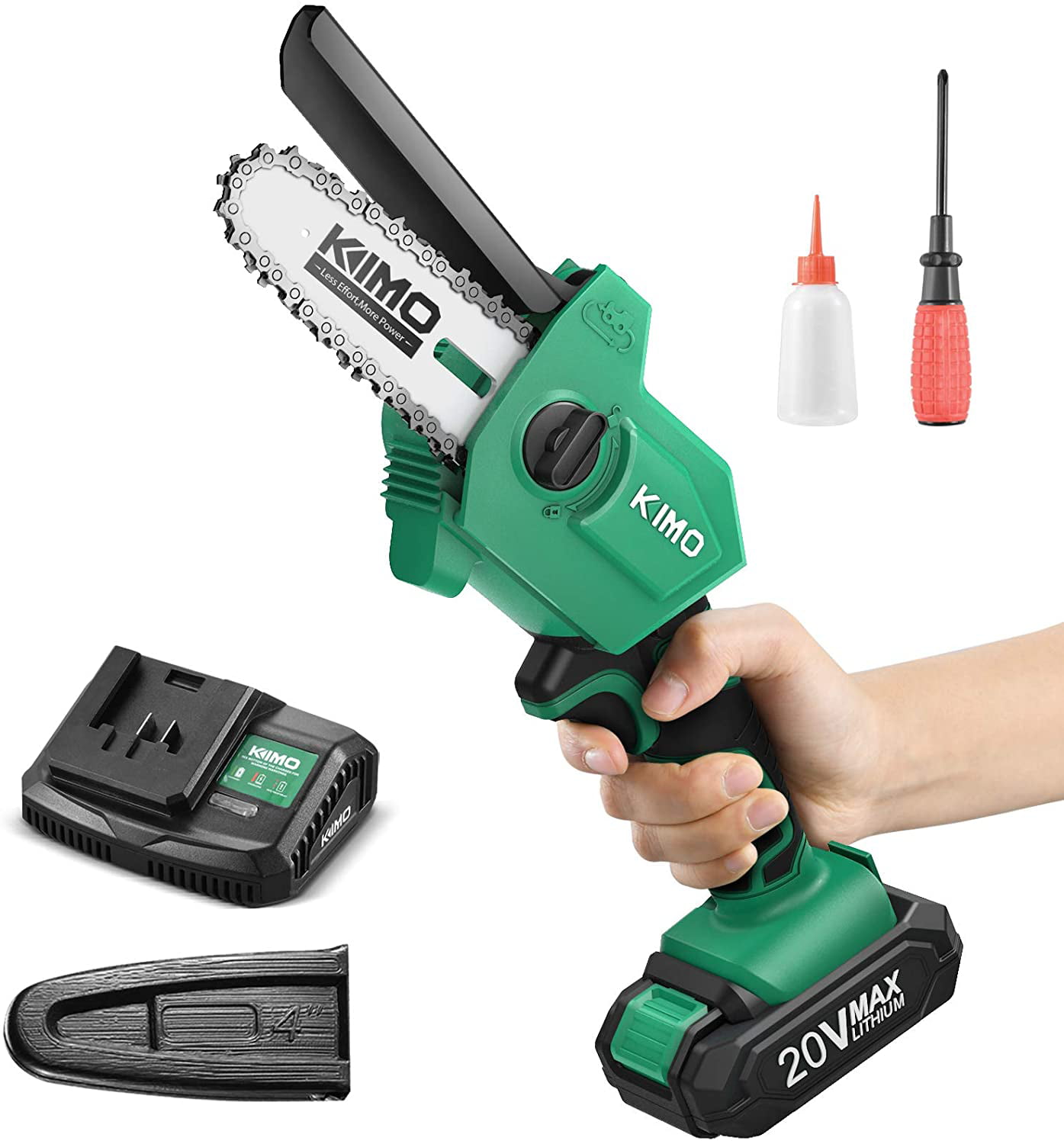 KIMO 4 inch Battery Powered - Cordless Chain Saw with/ 20V 2.0Ah Battery Charger. Handheld Portable Electric Chainsaw