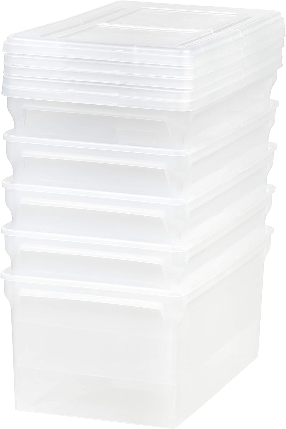 IRIS USA Letter/Legal File Tote Box. 5 Pack. BPA-Free Plastic Storage Bin Tote Organizer with Durable and Secure Hinged Latching Lid. Stackable and Nestable. Clear