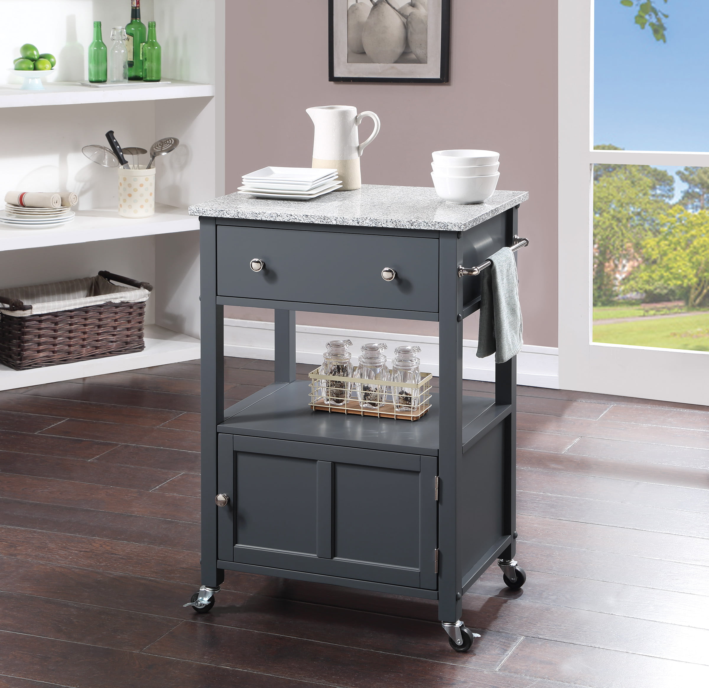 OS Home and Office Furniture Fairfax Model FRXG-2 Gray Kitchen Cart with Doors. Towel Rack. and Drawer