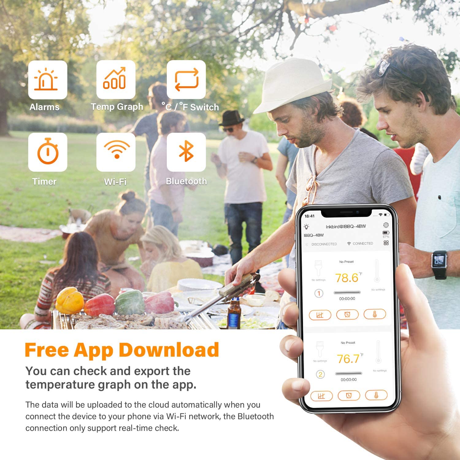 Inkbird Wi-Fi&Bluetooth Grill Thermometer IBBQ-4BW. Wireless Meat Thermometer with 4 Probes. Wifi Meat Grill Thermometer