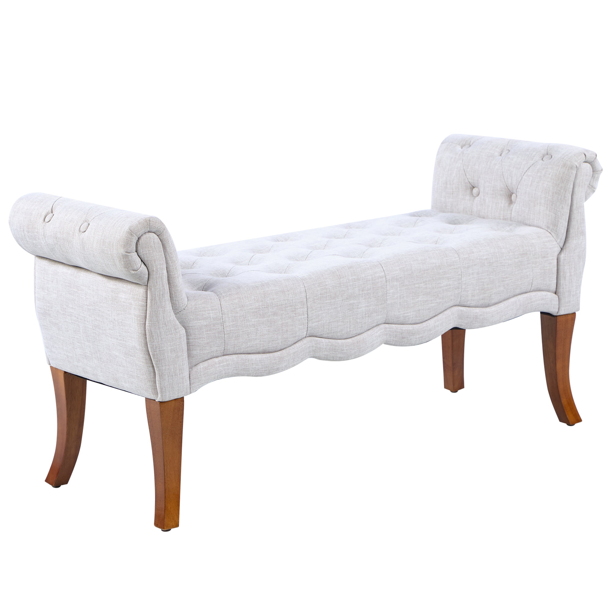 HOMCOM Traditional Style End of Bed Bench. Upholstered Bedroom Entryway Bench with Button Tufted and Rounded Arm. Light Gray
