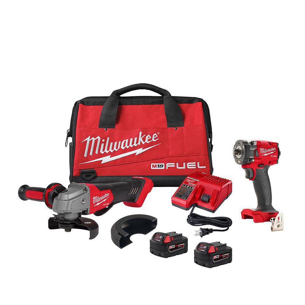 Milwaukee 2991-22 M18 FUEL 18V Lithium-Ion Brushless Cordless Grinder & 3/8 in. Impact Wrench Combo Kit (2-Tool) w/ Two 5Ah Batteries