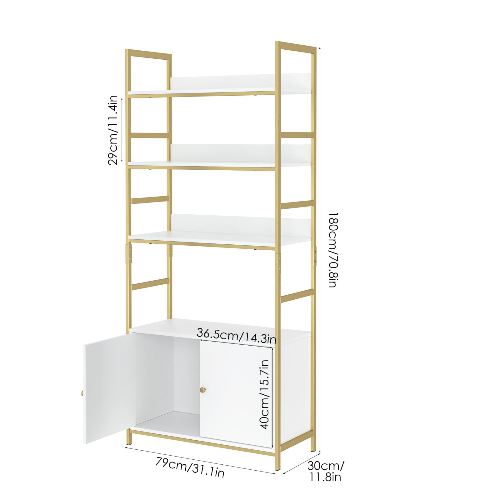 Homfa Gold Bookshelf. 4-Tier White Standard Bookcase with Storage Cabinet. Modern Iron Book Shelves Display Shelf with Door for Home Office. White Gold
