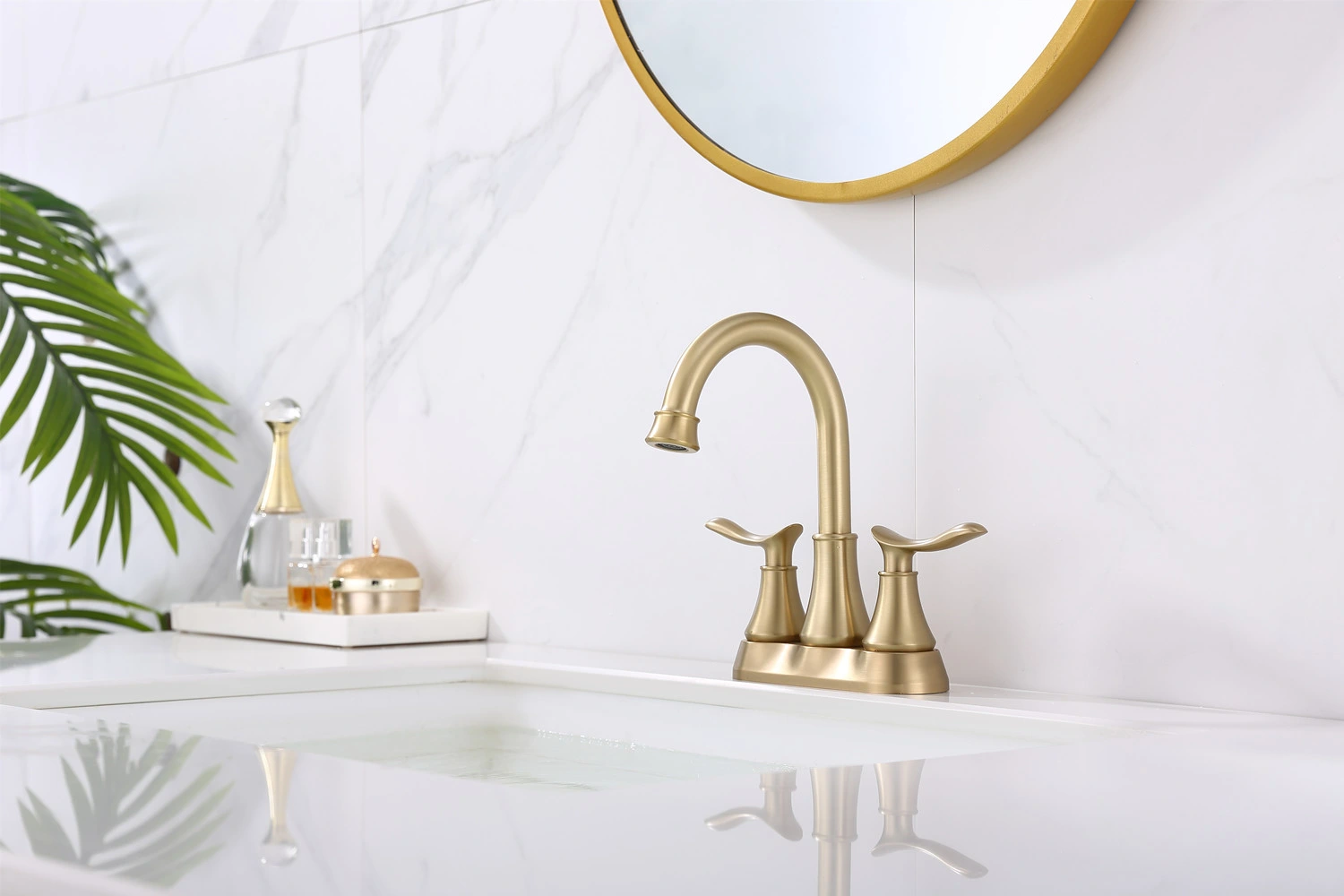 DISCOUNTTODAY 2 Handle Bathroom Sink Faucet. 4″ Lavatory Vanity Faucet. Centerset Faucet with Pop-up Drain & Supply Lines (Gold)