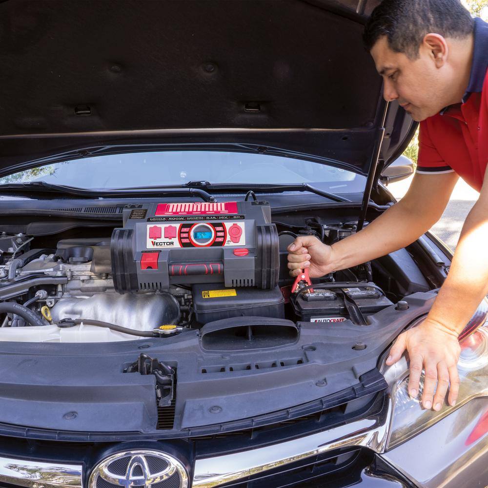 VECTOR  1200 Peak Amp Jump Starter. Dual Power Inverter. 120 PSI Air Compressor. USB Charging Port. Rechargeable