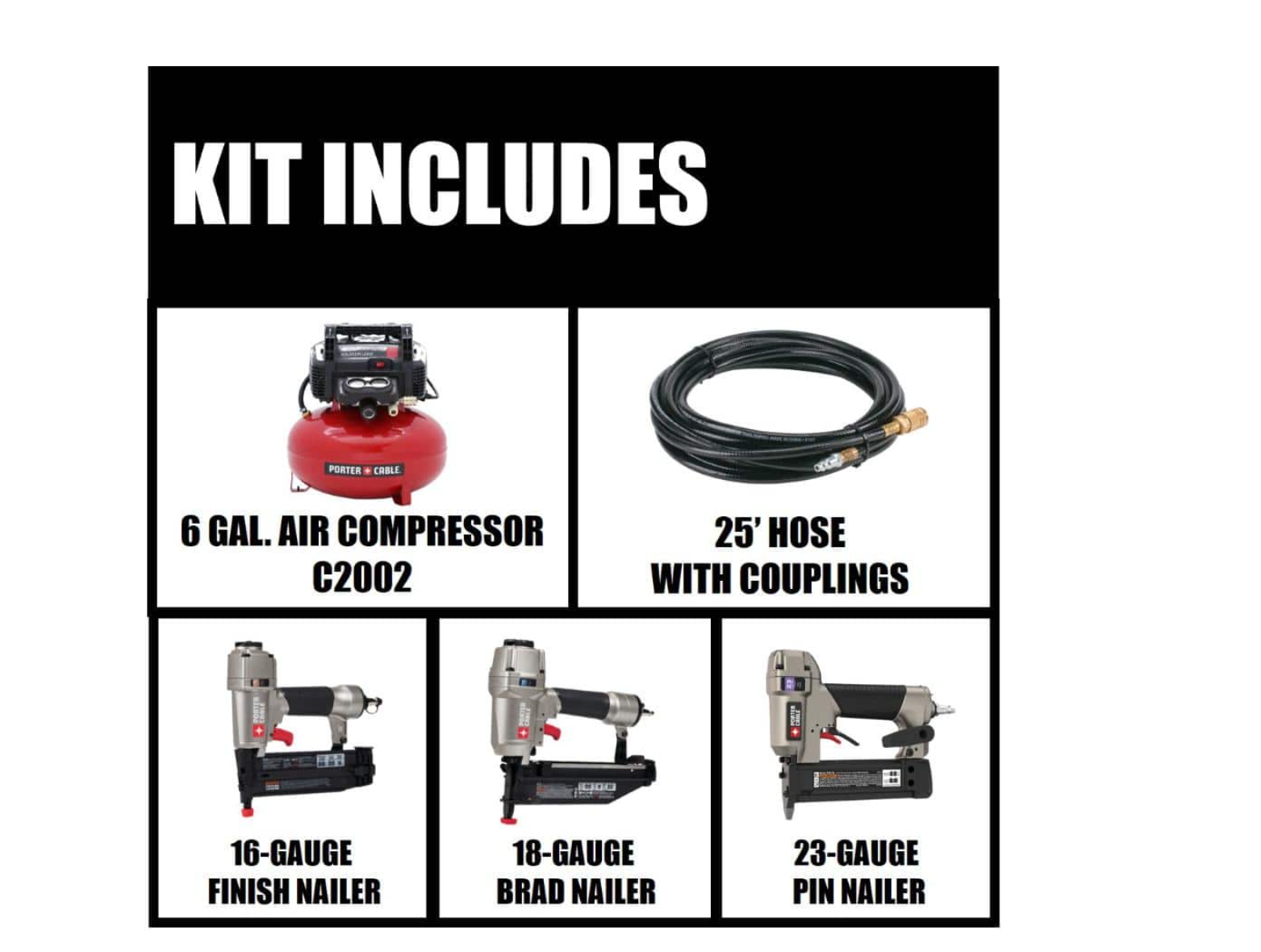 Porter-Cable PCFP3KIT 6 Gal. Portable Electric Air Compressor with 16-Gauge. 18-Gauge and 23-Gauge Nailer Combo Kit (3-Tool)